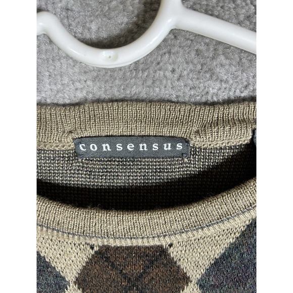 Consensus Merino Wool Blend Italy Argyle Knit Sweater Mens Size XL Tan Pullover - Picture 3 of 15